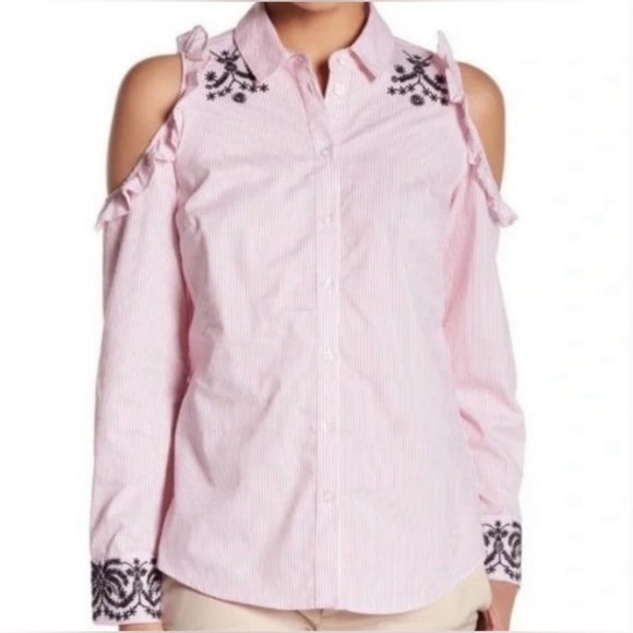 Nanette Lepore Tops - Nanette Lepore Cold Shoulder Pink Striped ButtonUp Top, Ruffled & Embroidered